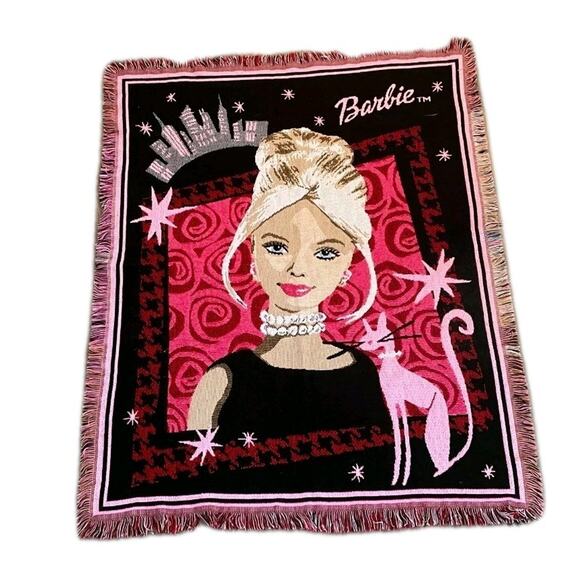 Vtg Barbie in the City Pink Tapestry Throw Blanket Northwest Company 44" X 55" - Picture 1 of 12
